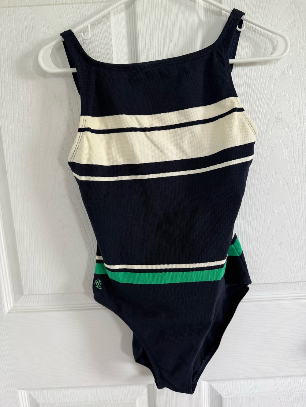 Ralph Lauren Navy Vintage Y2K One-Piece Swimsuit with Cream and Green Stripes